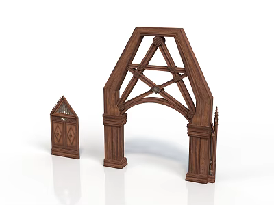 Wooden Architectural Truss Arch Frame With Intricate Detail And Small Cabinet 3d model