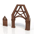 Wooden Architectural Truss Arch Frame With Intricate Detail And Small Cabinet