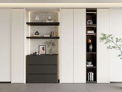 Modern Decorative Cabinet With White Doors Black Drawers And Shelves For Decorative Items 3d model