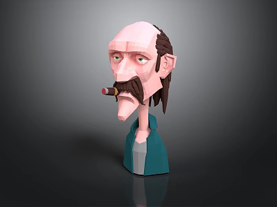 Cartoon Style Man Head With Cigar Long Beard Hair And Blue Shirt On Dark Background 3d model