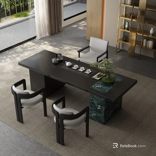 Elegant Tea Room Interior With Black Tea Table Green Marble Base White Chairs And Bonsai Plant 3d model 