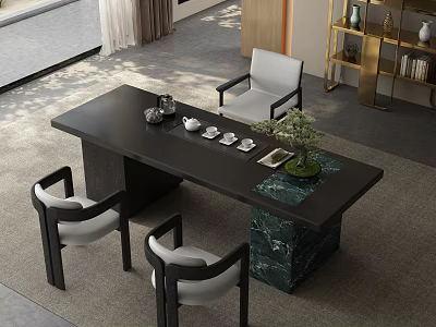 Elegant Tea Room Interior With Black Tea Table Green Marble Base White Chairs And Bonsai Plant 3d model