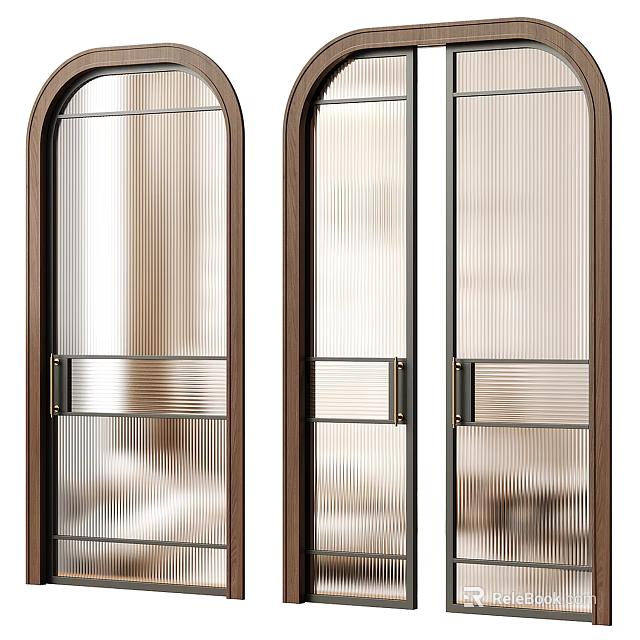 Modern Double Doors Design With Dark Brown Frames And Ribbed Glass Panels For Home Interior 3d model 