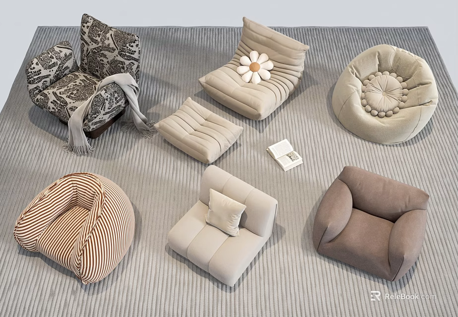 Comfortable Bean Bag Chairs With Striped Floral And Solid Color Designs 3d model 