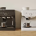 Black And White Coffee Machines On Kitchen Countertop With Coffee Cups And Wooden Floor