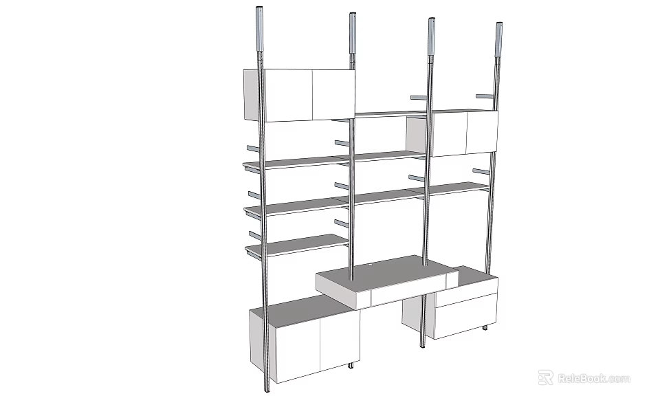 Modern Open Bookcase With Multiple Shelves Metal Frames And Storage Drawers 3d model