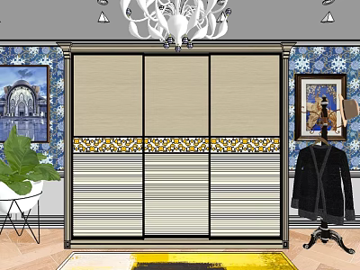 Beige Sliding Door Wardrobe With Yellow Black Decorative Patterns And Hanging Coat In Room 3d model