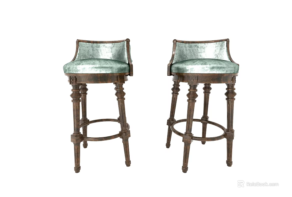 Elegant Pair of Bar Stools with Light Green Velvet Seats and Carved Wooden Legs 3d model 