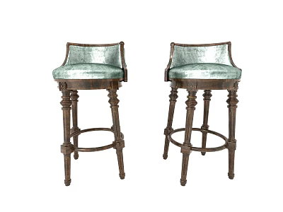 Elegant Pair of Bar Stools with Light Green Velvet Seats and Carved Wooden Legs 3d model