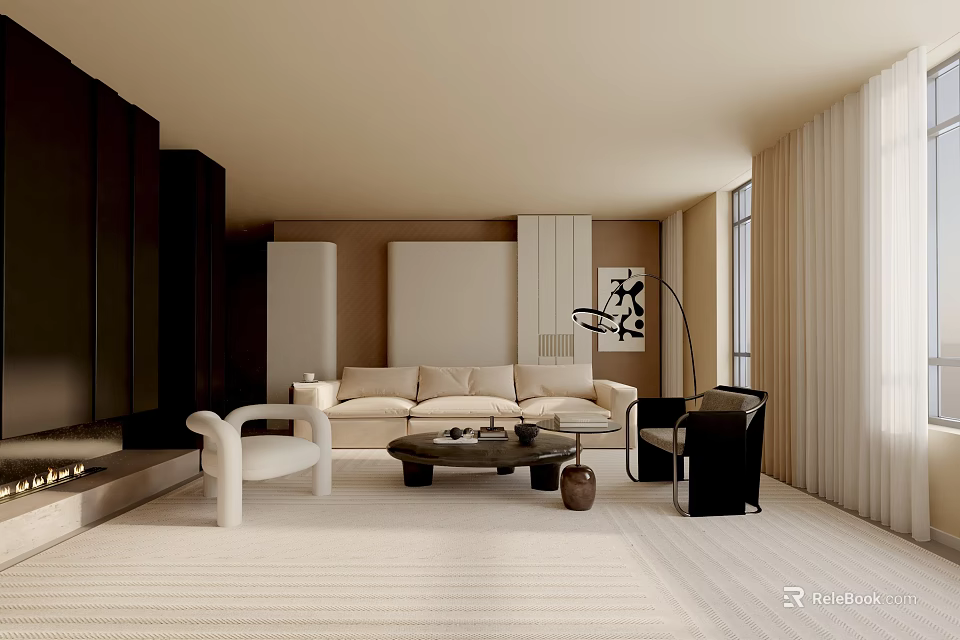 Modern Living Room Interior With Beige Sofa Coffee Table And Accent Chairs 3d model 