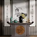 Chinese Style Console Table Decor With Calligraphy Scrolls And Ceramic Vases 3d model