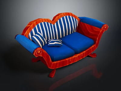 Two Seater Sofa With Red Frame Blue Cushions And Blue White Striped Pillows 3d model