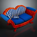 Two Seater Sofa With Red Frame Blue Cushions And Blue White Striped Pillows
