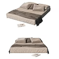 Minimalist Double Bed With Beige Linen Sheets Gray Pillows And Side Book 3d model