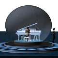 Game Movie Character Transparent Sphere With White Piano And Black Person On Dark Water Platform