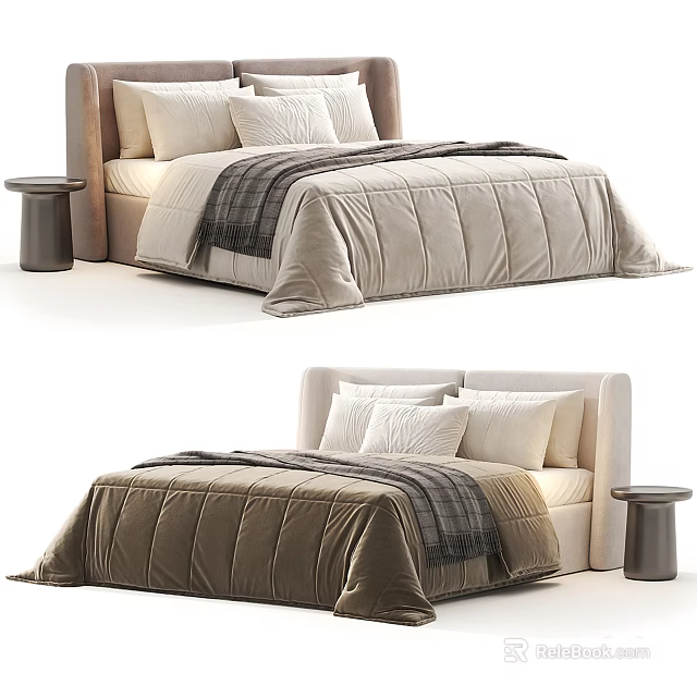 Modern Double Bed Interior Setup With Upholstered Headboard Quilt Pillows And Side Table 3d model