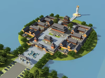 Ancient Chinese Architecture Complex on Island With Traditional Roofs White Statue and Water Surroundings 3d model