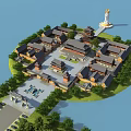 Ancient Chinese Architecture Complex on Island With Traditional Roofs White Statue and Water Surroundings