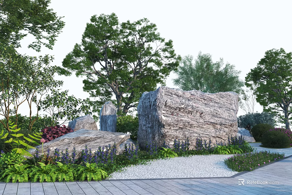 Stone Wood Garden Landscape With Large Rocks Lush Trees And Green Plant Pathway 3d model 
