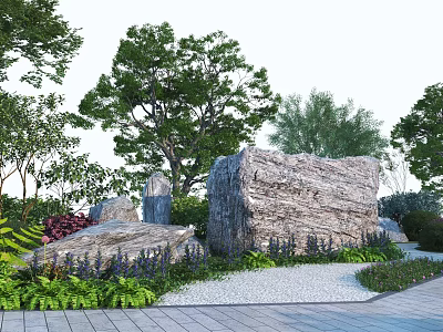 Stone Wood Garden Landscape With Large Rocks Lush Trees And Green Plant Pathway 3d model