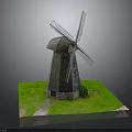 Detailed Wooden Windmill Model With Rotating Blades On Green Grass Base And Pathway
