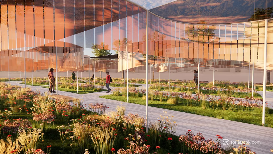 Modern Pergola with Orange Transparent Material Garden Colorful Flowers Plants People Walking and Mountain View 3d model 