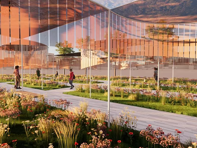 Modern Pergola with Orange Transparent Material Garden Colorful Flowers Plants People Walking and Mountain View 3d model