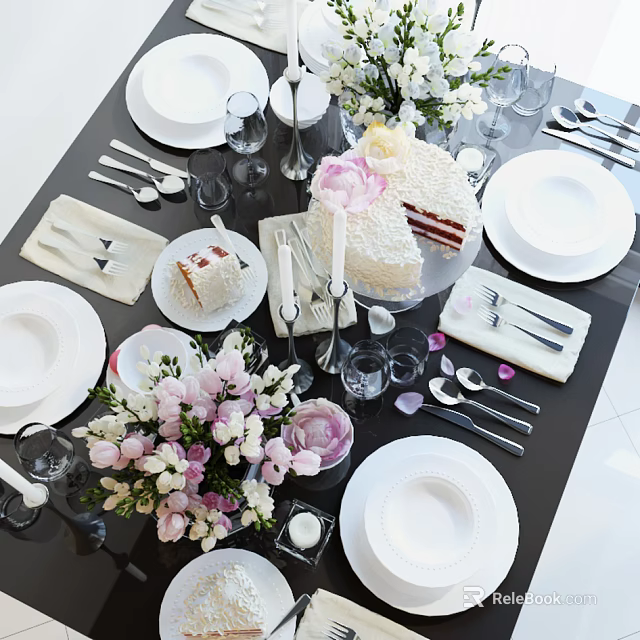Elegant White Tableware Set For Dining Table With Plates Cutlery Glasses Flowers And Cake 3d model 