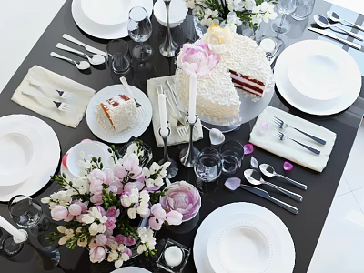 Elegant White Tableware Set For Dining Table With Plates Cutlery Glasses Flowers And Cake 3d model