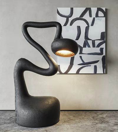 Modern Curved Black Floor Lamp with Illuminated Round Shade and Abstract Painting Background 3d model