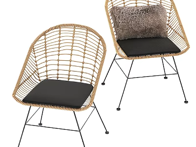 Rattan Lounge Chairs With Black Metal Legs And Plush Gray Pillow 3d model