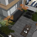 Tranquil Garden Landscape Featuring Courtyard Moss Wall Red Leaf Trees Stone Pavement And Trimmed Shrubs