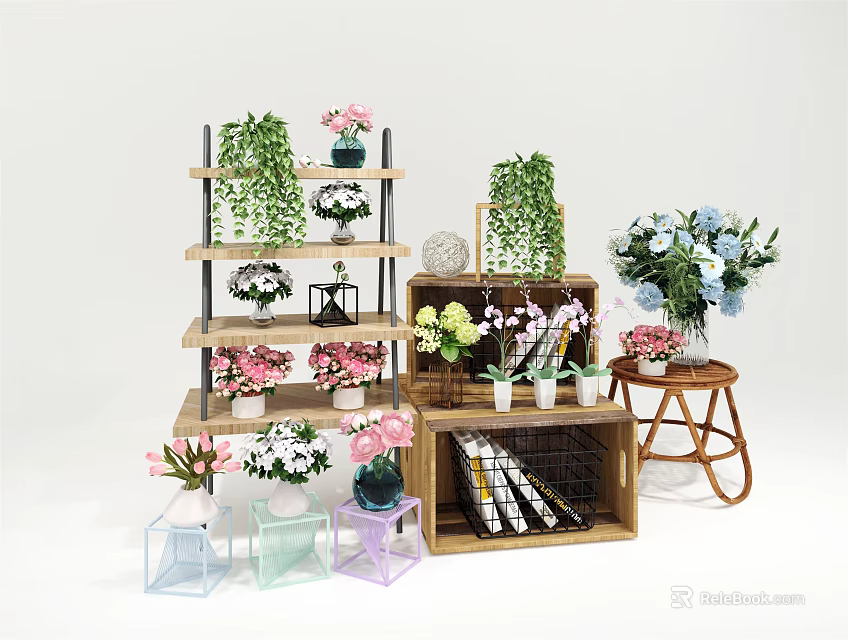Bonsai and Potted Plants on Multi Tiered Shelves with Greenery Flower Pots and Decorative Vases 3d model 