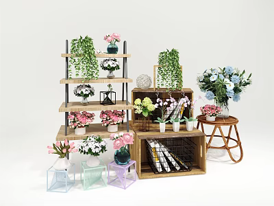 Bonsai and Potted Plants on Multi Tiered Shelves with Greenery Flower Pots and Decorative Vases 3d model