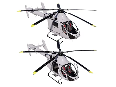 Two Modern Helicopters White Body Black Rotors Yellow Tips Transparent Cockpit Side View Design 3d model