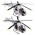 Two Modern Helicopters White Body Black Rotors Yellow Tips Transparent Cockpit Side View Design