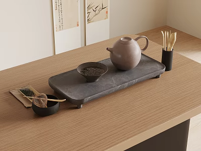 Traditional Tea Set with Teapot Bowl Tray and Spoons on Wooden Table with Scrolls 3d model