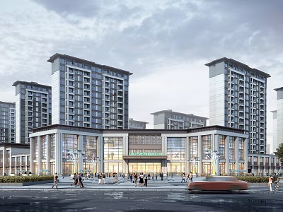 Modern Commercial Street Featuring Tall Buildings Glass Facades Pedestrians And Vehicles In Plaza 3d model