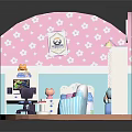 Cartoon Room Dollhouse With Pink Blue Decor Stuffed Toys Bookshelf Sofa And Computer Desk