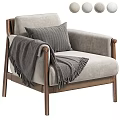 Modern Gray Accent Chair with Wooden Frame Striped Pillow and Fringed Blanket