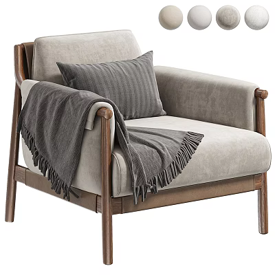 Modern Gray Accent Chair with Wooden Frame Striped Pillow and Fringed Blanket 3d model