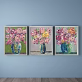 Vibrant Oil Painting Of Pink Roses In Blue Vase On Green Background