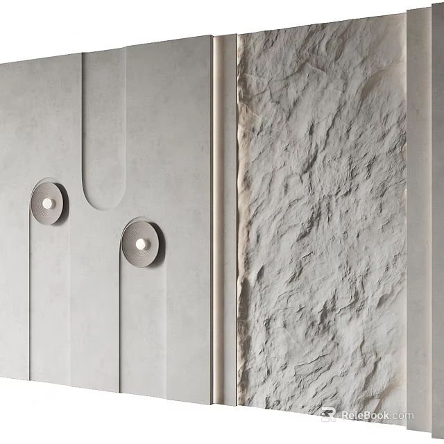 Gray Wall With Circular Metal Decorations And Rough Stone Texture Surface 3d model 