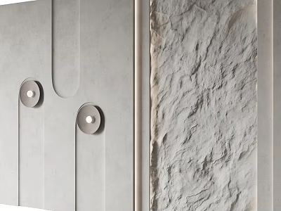 Gray Wall With Circular Metal Decorations And Rough Stone Texture Surface 3d model
