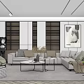 Modern Living Room Interior With Beige Sofa Gray Pillows Decorative Painting And Wooden Wall