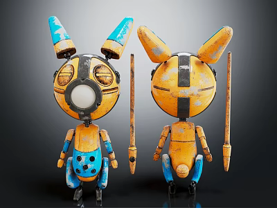 Two Puppet Like Mechanical Creatures With Yellow Blue Bodies And Ear Shaped Heads Holding Sticks 3d model