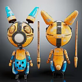 Two Puppet Like Mechanical Creatures With Yellow Blue Bodies And Ear Shaped Heads Holding Sticks