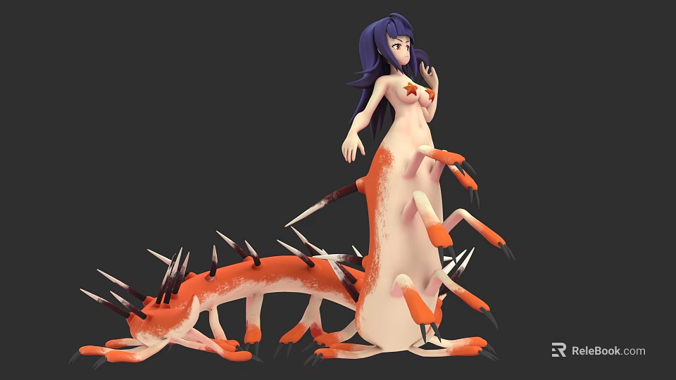 Woman with purple hair and orange spiked creature lower body in fantasy art 3d model 