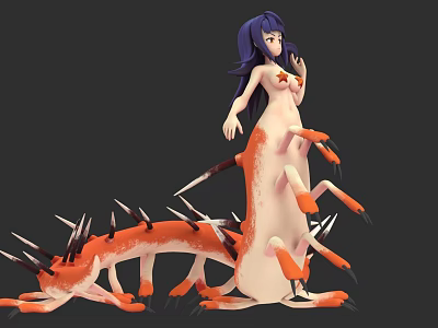 Woman with purple hair and orange spiked creature lower body in fantasy art 3d model