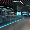 Modern Tech Exhibition Hall With Robots Car Models Blue Lighting And Glass Railings